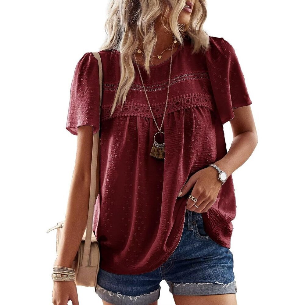 Womens Summer Chiffon Blouses Casual Boho Lace Hem Shirt X-Large